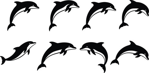 Fototapeta premium Dolphin silhouettes collection, marine mammals jumping and swimming poses, ocean wildlife, aquatic animals, isolated black illustration design set