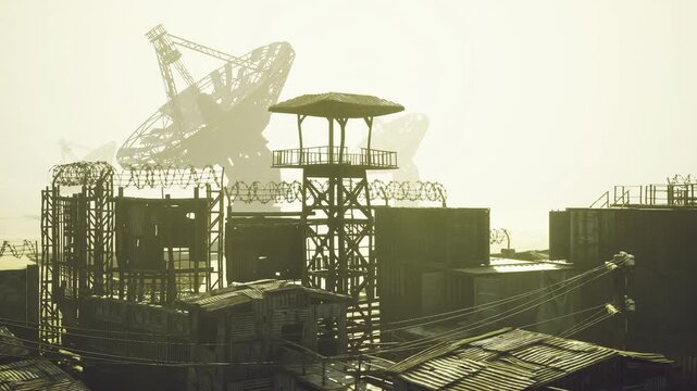 Rusted signal farm with watchtower at dusk, dense antenna array and scaffolding, textured metal surfaces, scattered containers and distant skyline, muted tones