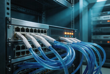 Fototapeta premium Professional data center cabling system with metal patch panels and network switches, organized ethernet cables in white and blue tones for IT infrastructure management and corporate website