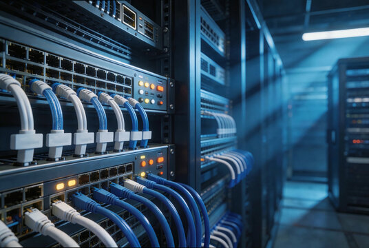 Professional data center cabling system with metal patch panels and network switches, organized ethernet cables in white and blue tones for IT infrastructure management and corporate website