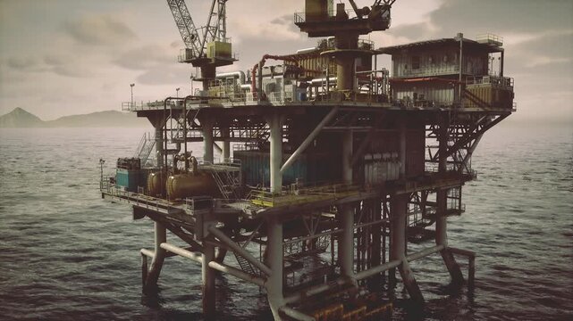 Oil rig deck with crane and lifeboats, weathered walkways and mooring points, storage lockers and pulley systems visible, scene suggesting supply transfer