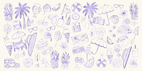 Fototapeta premium A playful doodle compilation of summer vacation essentials and tropical objects