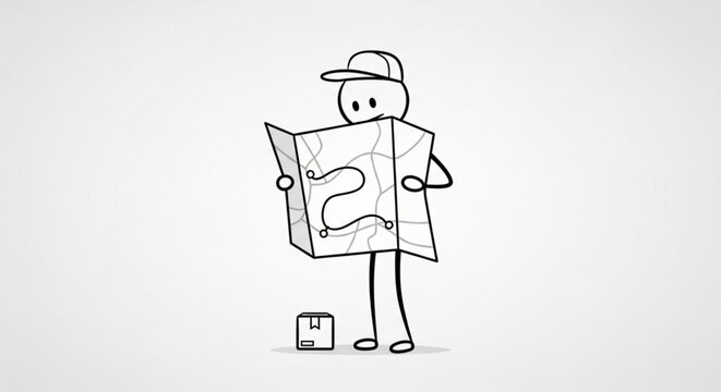 Stick figure person holding a map and looking for direction.
