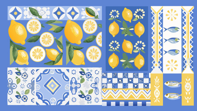 A vibrant composition of lemons fish and blue patterned tiles