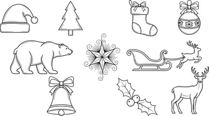 Christmas holiday outline icons set, santa hat tree stocking sleigh reindeer bell snowflake festive winter vector illustrations © SREEDEBSRE