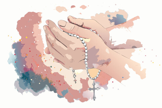Praying hands holding rosary beads with a christian cross illustration