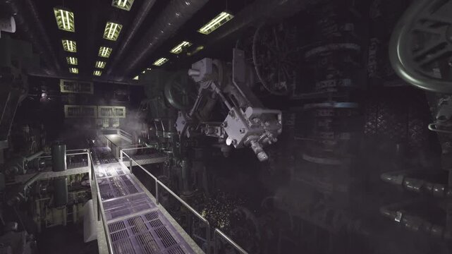 Cinematic engine corridor with dramatic lights and suspended machinery, foggy floor and repeating structural elements ideal for editorial, film set backgrounds,