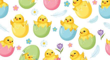 Fototapeta premium Seamless pattern with cute yellow baby chicks in colorful easter eggs and spring flowers