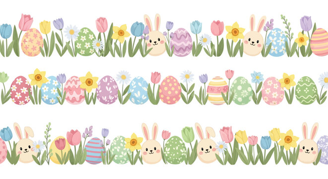 Seamless easter pattern border with cute bunnies, colorful decorated eggs, and spring flowers