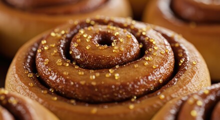 Fototapeta premium Close up of freshly baked cinnamon rolls with golden sugar sprinkles