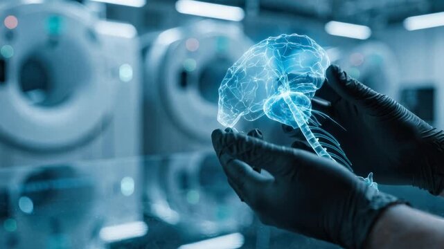 Diagnostic brain hologram model held by gloved hands medical laboratory showing neural network