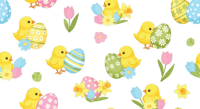 Seamless pattern with cute yellow easter chicks, colorful decorated eggs and spring flowers
