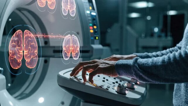 Diagnostic mri brain scan technician operating control panel imaging machine futuristic display