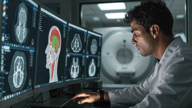 Diagnostic radiologist reviewing brain mri scan images multiple monitors with focused patient