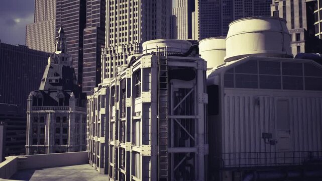Rooftop mechanical units at dusk, city skyline looming, rows of cooling towers and metal frames, warm directional light casting long shadows, gritty urban