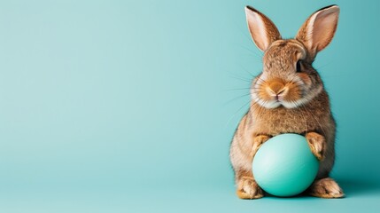 Obraz premium Charming photorealistic fluffy rabbit embracing a colorfully painted egg in soft pastel setting