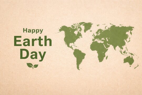 Earth Day celebration with green world map and handwritten happy text on kraft paper background eco friendly concept