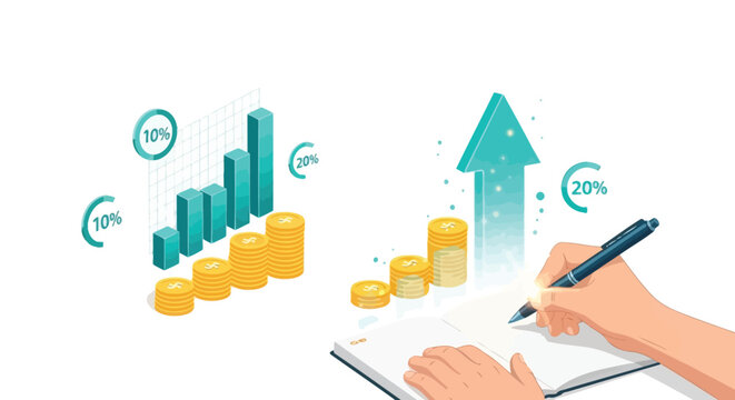 Financial growth illustration with charts coins and a writing hand