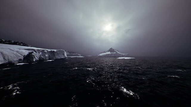 Isolated ice floe on black water, minimalist composition with high contrast texture, reflective surface catching cold light, sparse horizon and silent polar