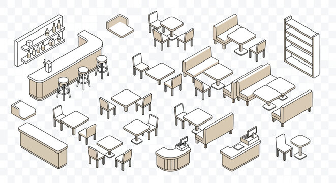 Isometric illustration of a cafe or restaurant furniture arrangement