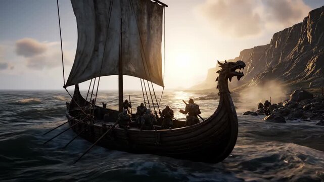 Viking Ship Sailing at Sunset - A Journey Through Time.