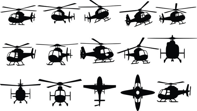 Helicopter silhouette set flying aircraft vector icon collection