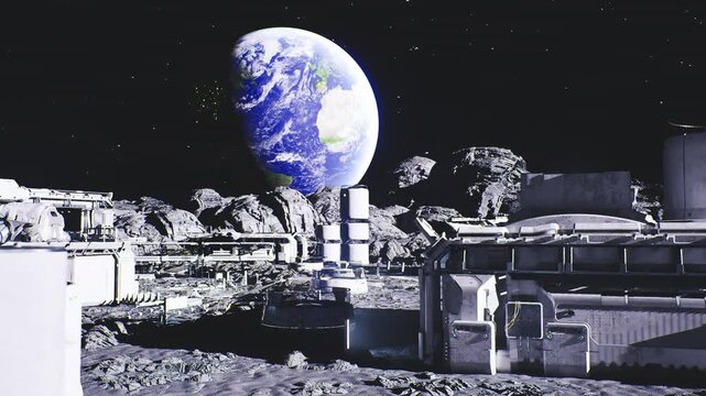 lunar base with earth rising, power modules and habitat domes clustered along crater rim, solar arrays reflecting blue planet light, service platforms