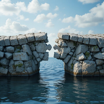 Stone bridge with missing puzzle piece over water. Represents a gap in connection or missing link. Symbolizes challenge or problem needing solution.