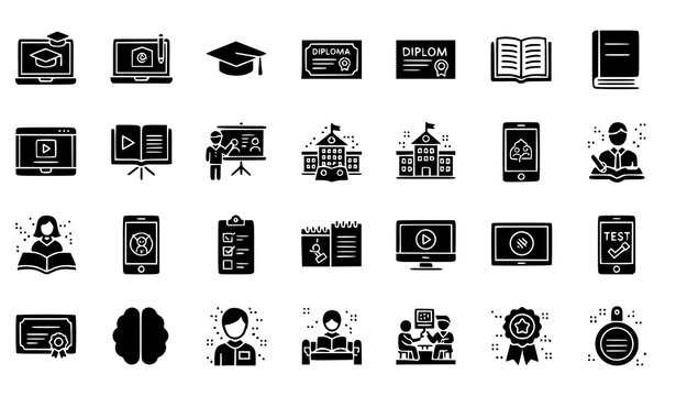 E Learning Glyph Solid Icons with Education School Tutorial Seminar and Online Course Symbols Vector