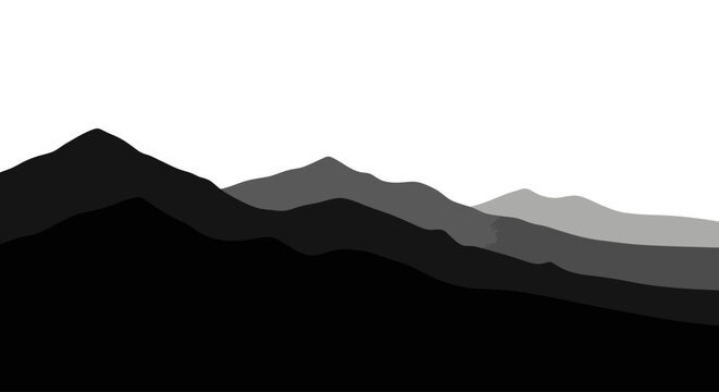 Layered mountain range illustration with shades of gray on transparent background silhouette