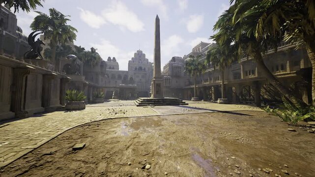 historic square midday with towering obelisk, travel hub vibe, textured cobblestone plaza, heritage facades and bright clear sky inviting exploration
