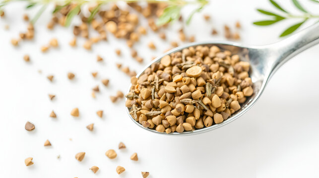 Ajwain or Ajowan caraway herb spice seeds, Trachyspermum ammi,  also known in India as ajmo, ajowan in spoon, cut out on transparent background, png format