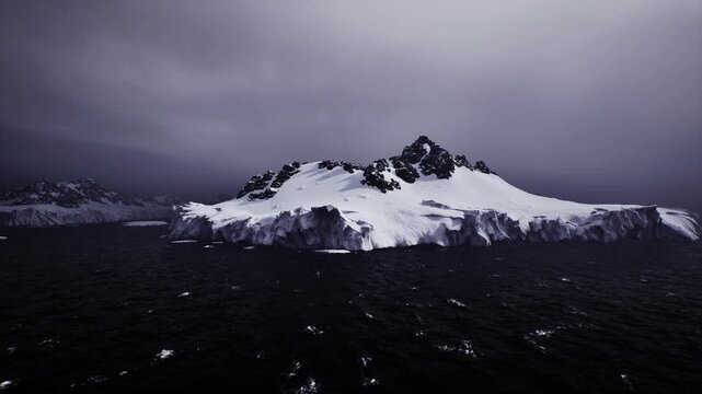 Large iceberg looming near shipping route with dark ocean and heavy overcast sky, scattered ice fragments presenting navigation hazard, tense maritime mood