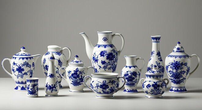 Collection of decorative porcelain vases and vessels with floral blue prints