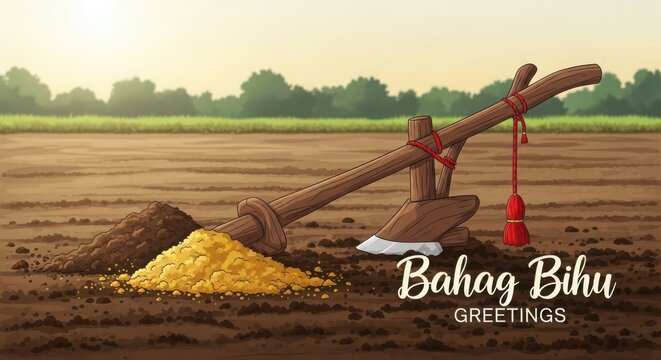 Traditional wooden plow rests in a field with text Bahag Bihu Greetings