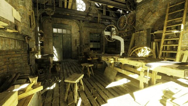 Sunlit studio bench with wood tools, warm golden rays illuminate plankstrewn table, clamps and chisel set, varnish jars and ruler, scattered plans and toolbox,