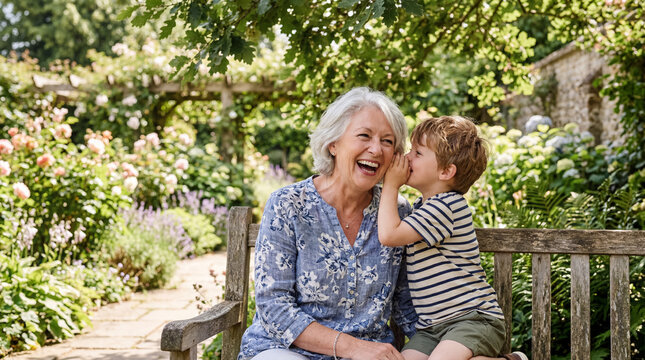 Silver-haired woman laughing with boy in garden