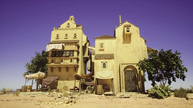 sunset tinted adobe facades with trees, warm glow across textured walls and balconies, shaded doorways and market awnings, nostalgic travel tone, cinematic