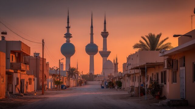 Kuwait Cityscape at Sunset: Towers, Architecture and Urban Landscape in Golden Light