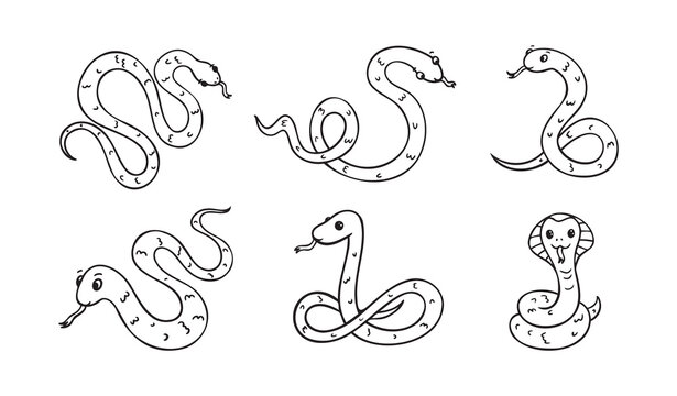 Hand drawn cute outline simple snake children coloring book set. Kind doodle snake smile isolated on white background.