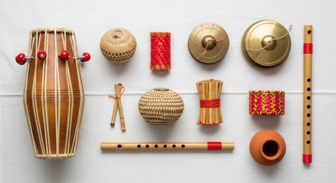 A colorful flat lay of traditional indian musical instruments on a white background