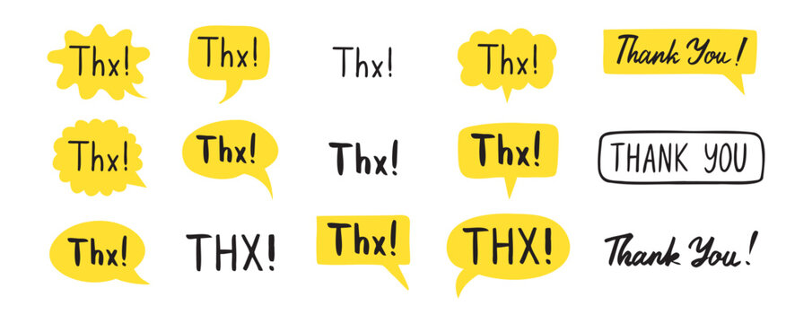 THX speech bubble yellow bright set. Thank you hand drawn quote text. Doodle thx phrase.
