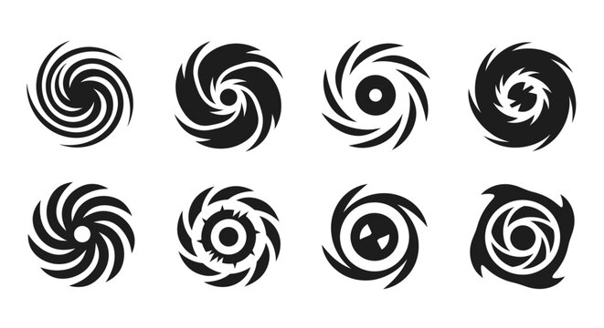 Eight swirling vortex designs a striking graphic element on transparent background silhouette