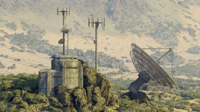rocky valley communications outpost with dish, concrete bunkers and antennas weathered parabolic dish leans beside mossy concrete relay building, low golden
