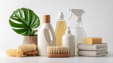 Naklejka premium Eco-Friendly Cleaning Product Still Life: Natural Household Cleaners with Plant Accents on White Background