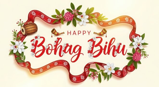 A festive illustration celebrating Bohag Bihu with traditional instruments and floral decorations