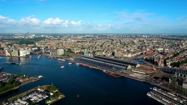 Majestic Aerial Panorama of Amsterdam City Center and IJ River. 