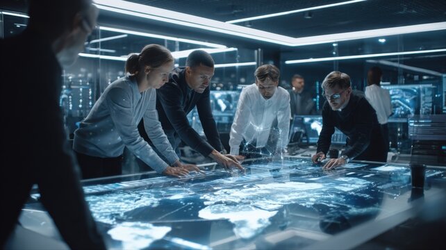 Diverse Team Analyzing Digital Map Data in Modern Control Room, Collaboration, Strategy, and Technology
