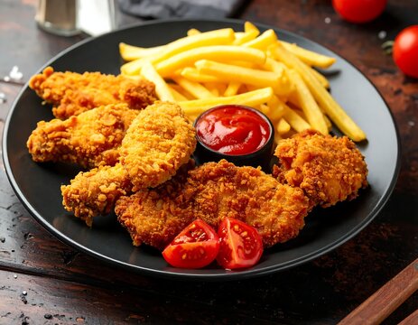 A plate of crispy fried food with fries and ketchup