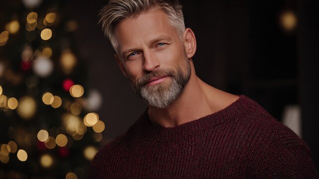 Attractive Silver Fox Man in Festive Christmas Setting Portrait with Warm Holiday Lighting